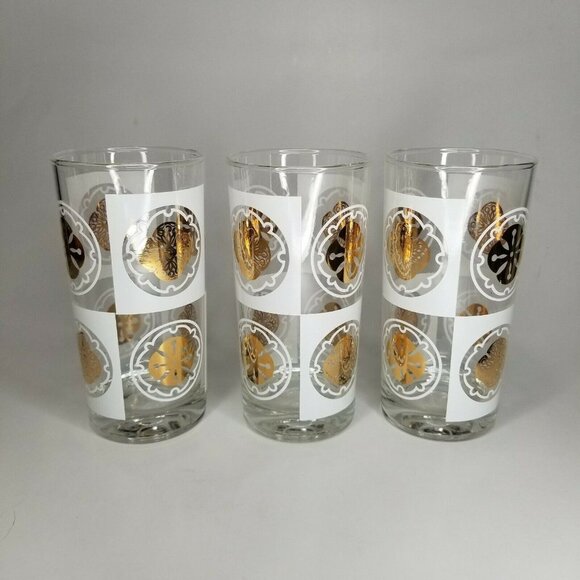 Lot of (3) Mid Century Modern Culver Briar High Ball Glasses Retro Medallions